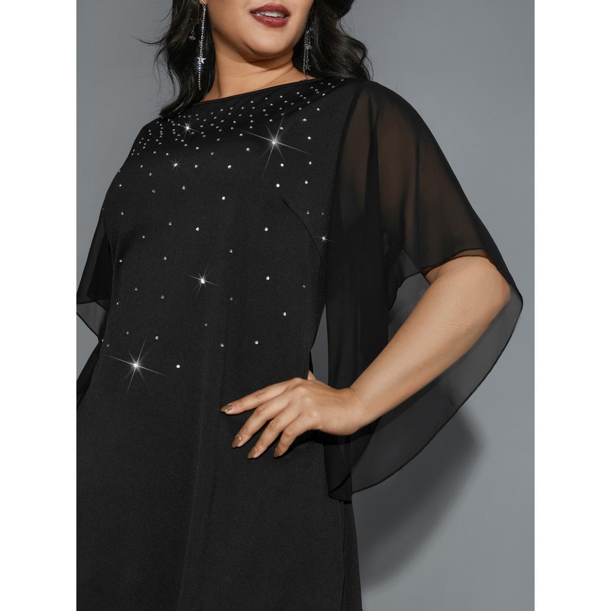 Plus Size Rhinestone Ruffle Sleeve Mesh Patchwork Dress Pureblack Women Cocktail Rhinestone detailing Party Curvy Bloomchic 26/4X Product Image