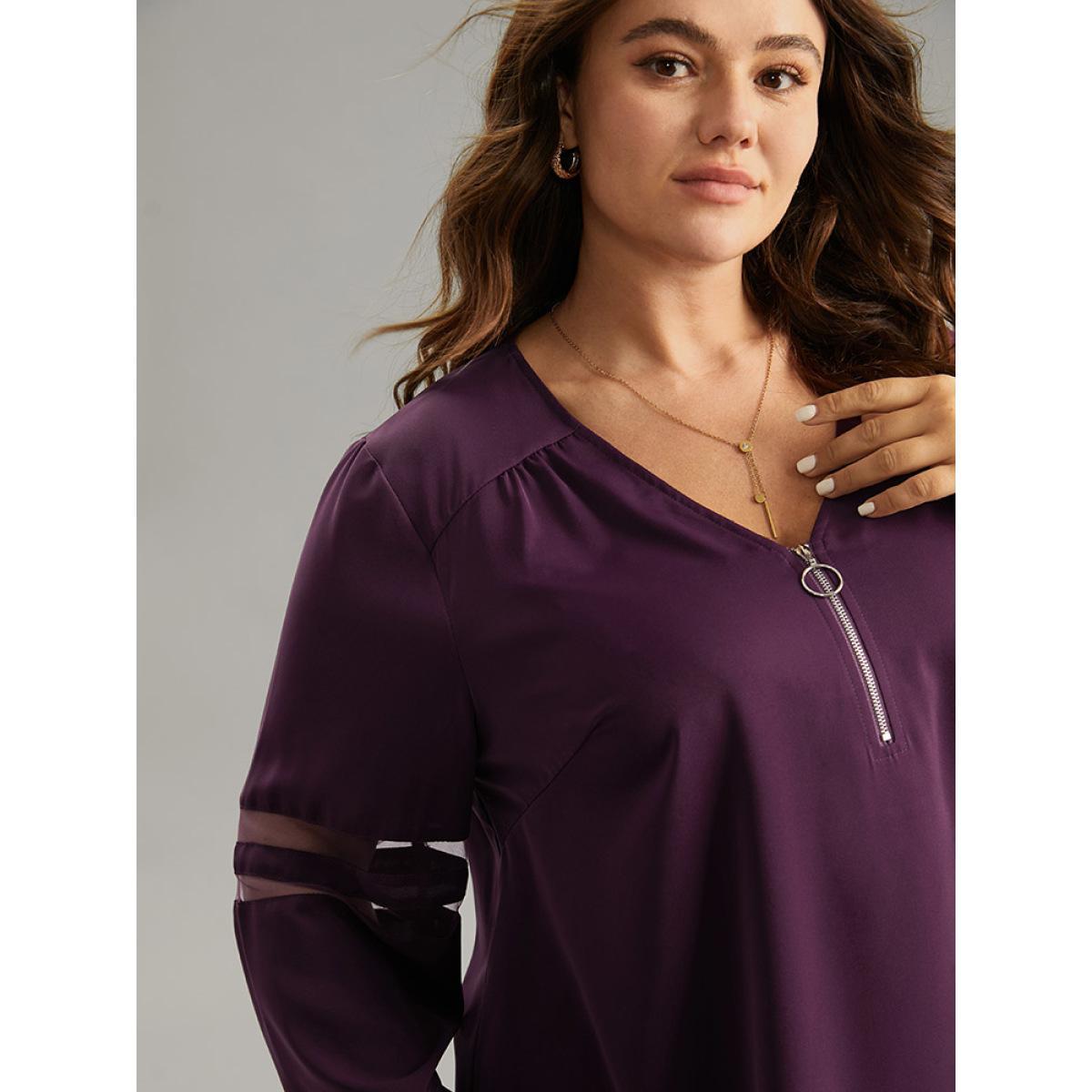 Plus Size Eggplant Static-Free Zipper Fly Mesh Patchwork Blouse Women Office Long Sleeve V-neck Work Blouses BloomChic 28/5X Product Image