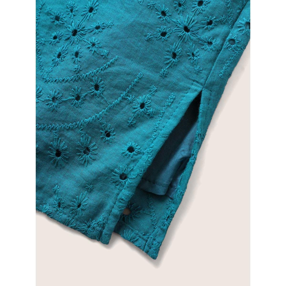 Plus Size Cerulean Broderie Anglaise Tassels Lantern Sleeve Blouse Women Resort Half Sleeve Notched collar Vacation Blouses BloomChic 18-20/2X Product Image