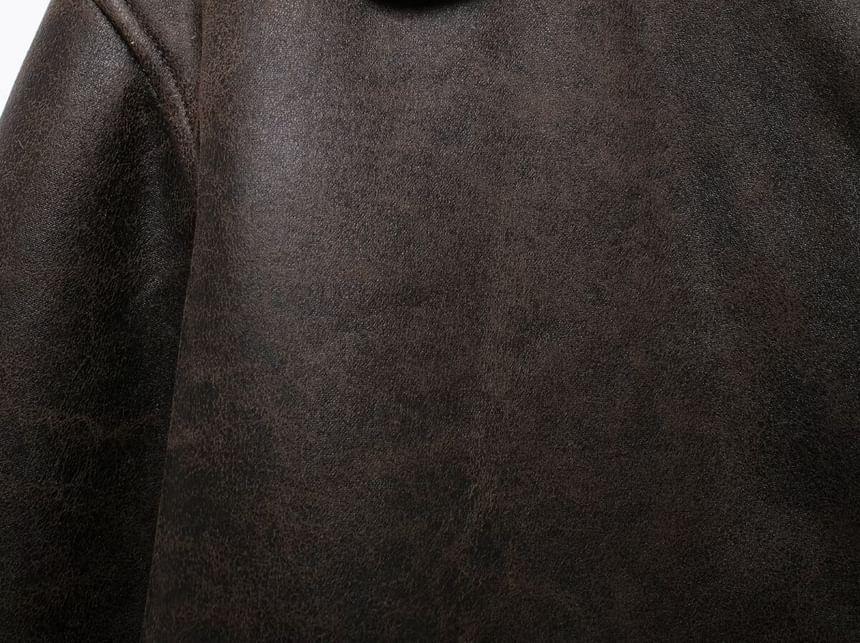 Plain Fluffy Trim Faux Leather Single-Breasted Jacket Product Image