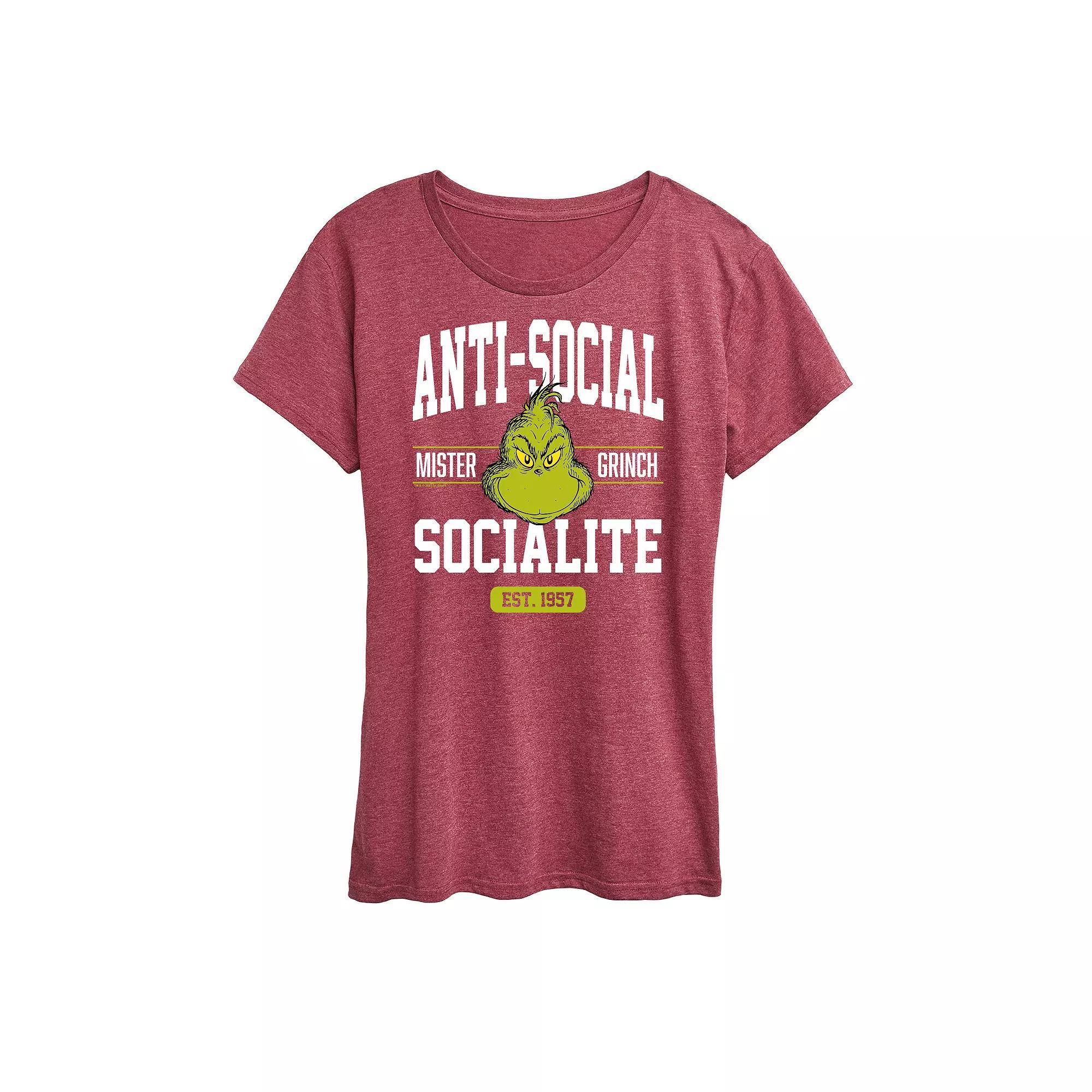 Women's Dr. Seuss The Grinch Anti Social Socialite Graphic Tee, Girl's, Size: XL, Grey Blue Product Image