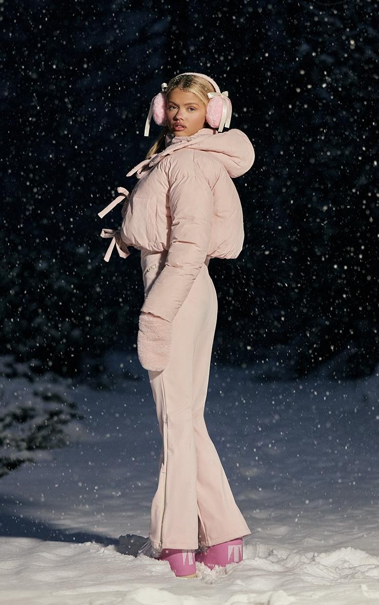 PRETTYLITTLETHING SKI Pink Bow Oversized Cropped Detail Puffer Coat Product Image