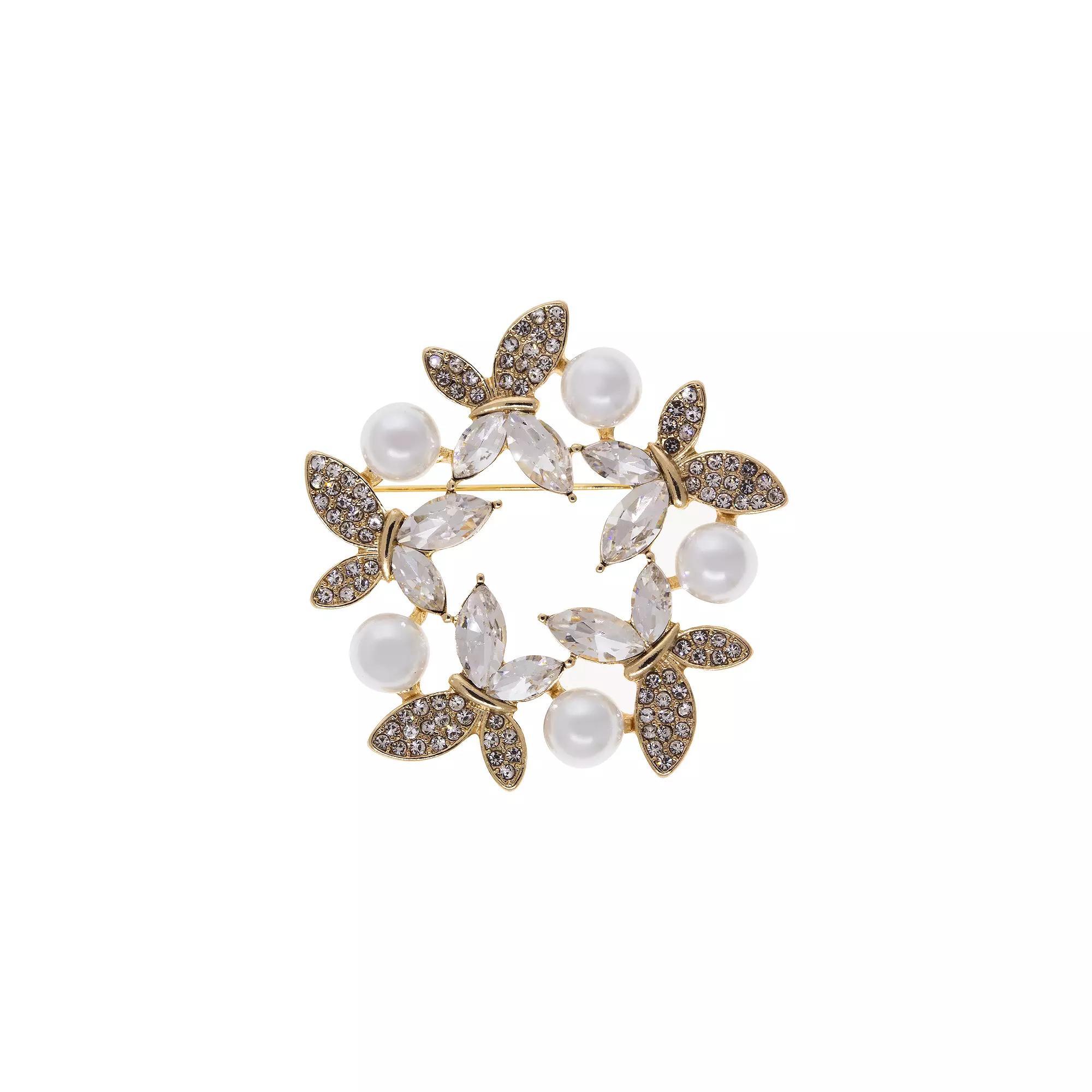 1928 Gold Tone Crystal & Simulated Pearl Round Butterfly Pin, Womens, White Product Image