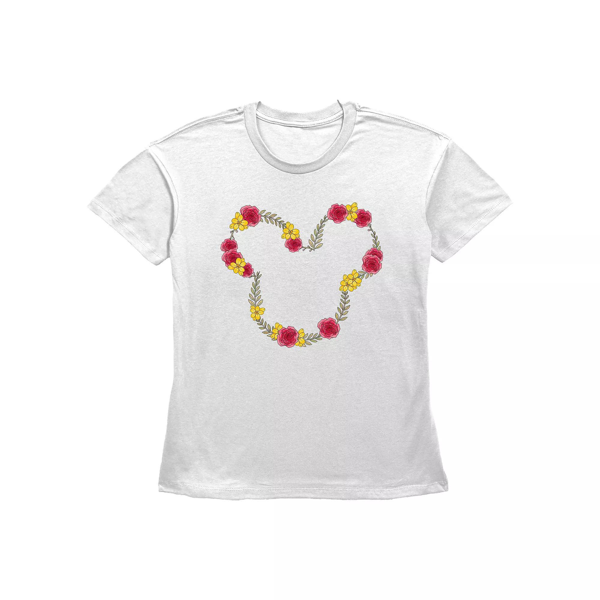 Disney's Mickey Mouse June Floral Wreath Women's Graphic Tee, Size: Medium, White Product Image