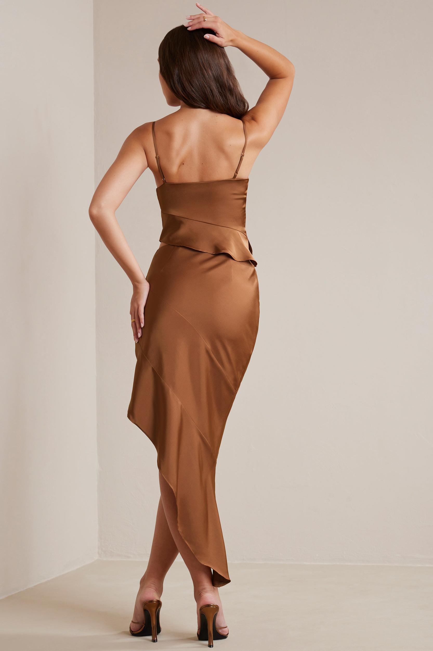 Bias Cut Satin Asymmetric Maxi Skirt in Mocha Product Image