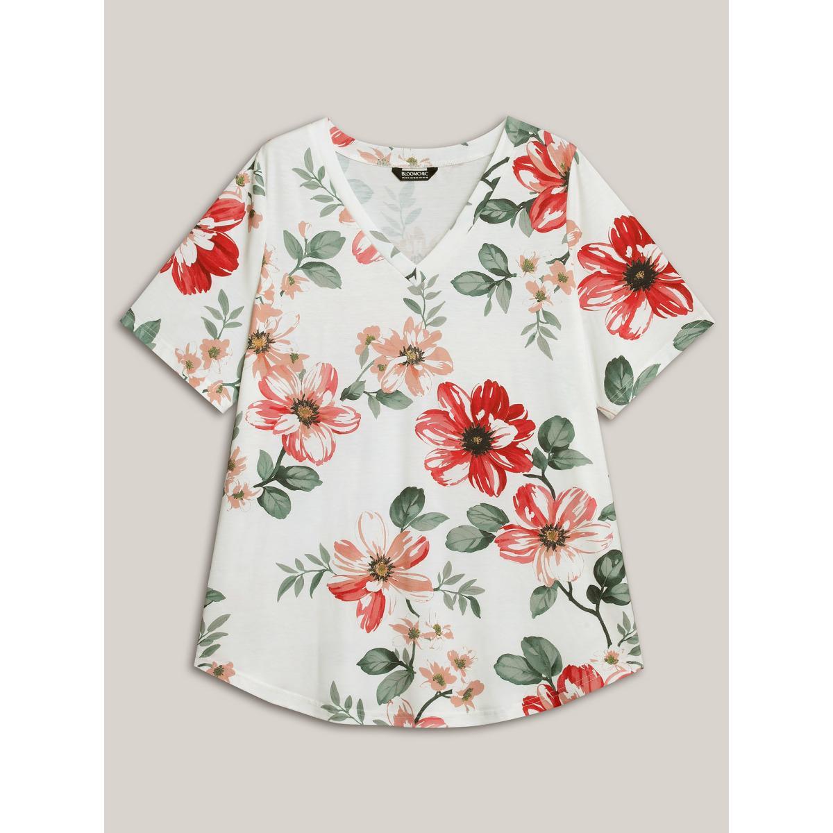 Plus Size Multi-Color Floral Print V-Neck T-Shirt Multicolor Women Elegant Non Natural Flowers V-neck Everyday T-shirts BloomChic 14-16/1X Product Image