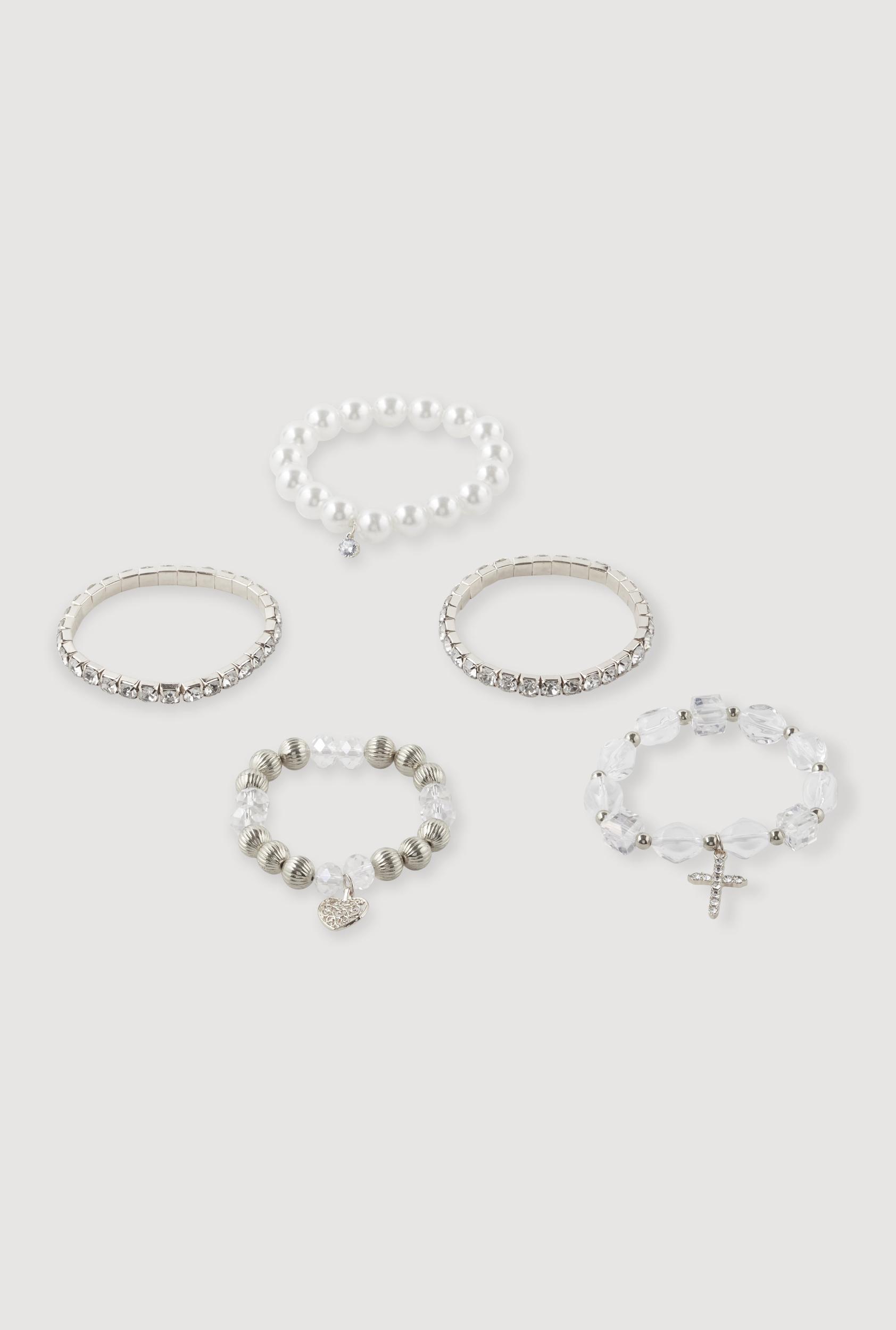 Faux Pearl Rhinestone Charm Stretch Bracelets Set of 5 Female Product Image