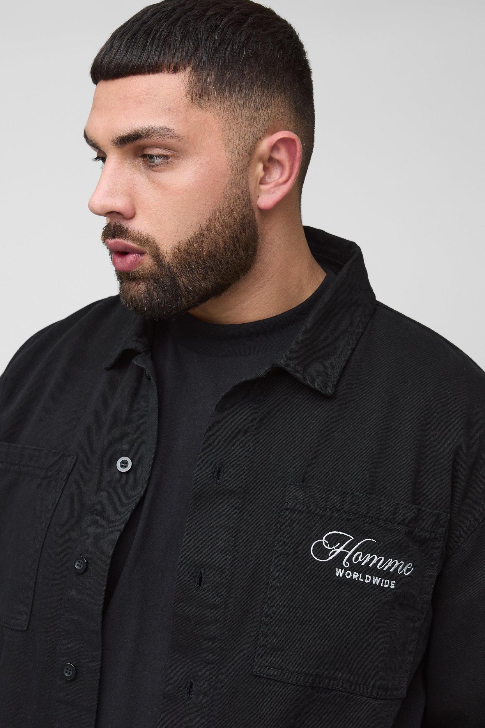 Plus Heavyweight Embroidered Shirt Jacket | boohooMAN USA Product Image