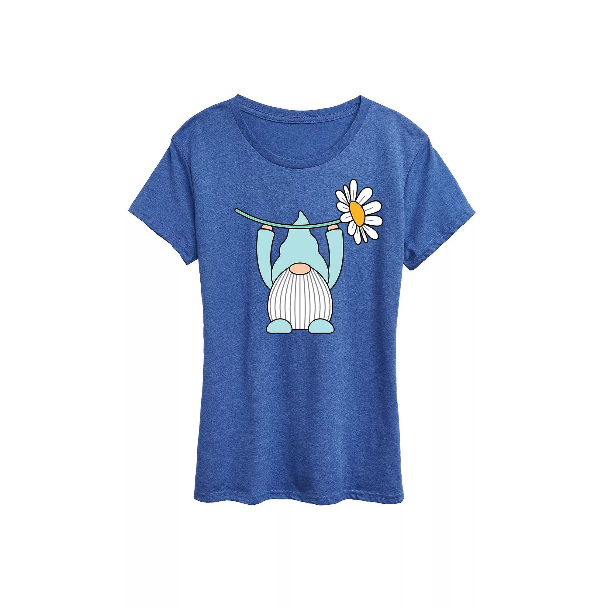 Womens Gnome Holding Daisy Graphic Tee Grey Royal Blue Product Image