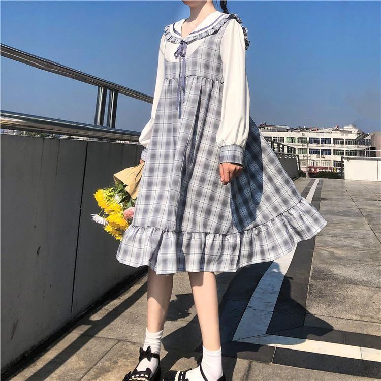 Puff-Sleeve Collar Plaid Bow Smock Dress Product Image