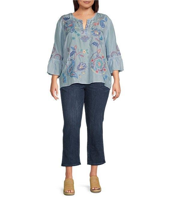 JOHNNY WAS Plus Size Neilly Silk Barine Stripe Split V-Neck 3/4 Ruffle Bell Sleeve Blouse Product Image