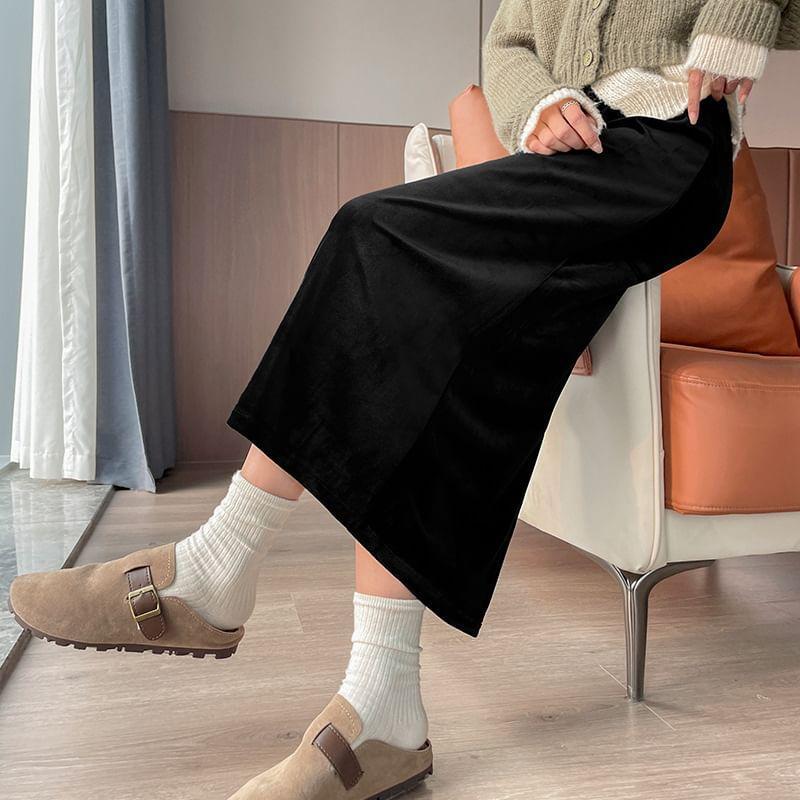 High-Waist Fleece Plain Midi Skirt Product Image