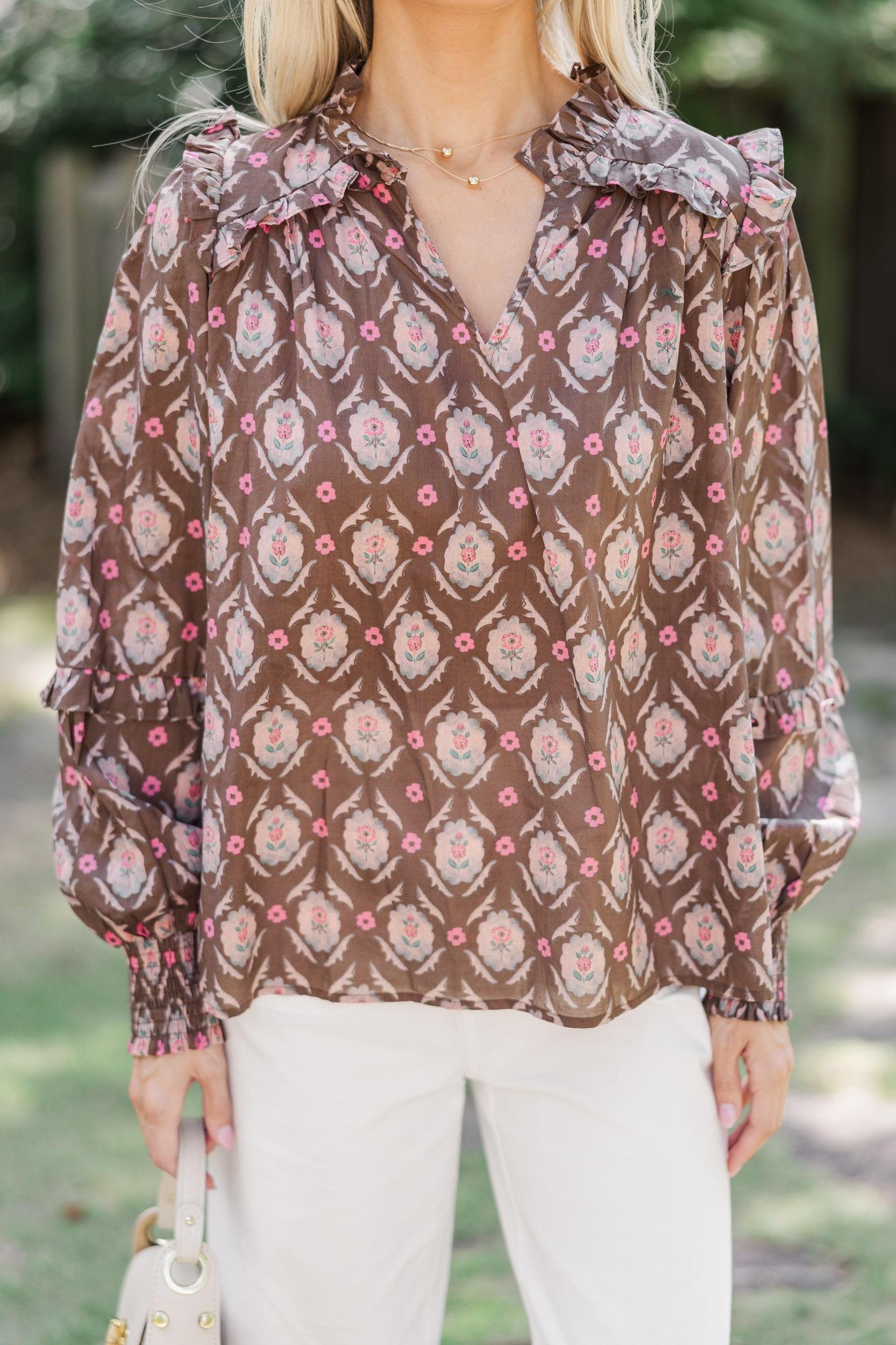 Tell It All Brown Medallion Blouse Female Product Image
