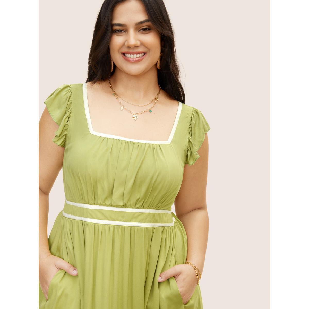 Plus Size Contrast Webbing Ruffle Cap Sleeve Dress LightGreen Women Resort Gathered Square Neck Cap Sleeve Curvy BloomChic 18-20/2X Product Image