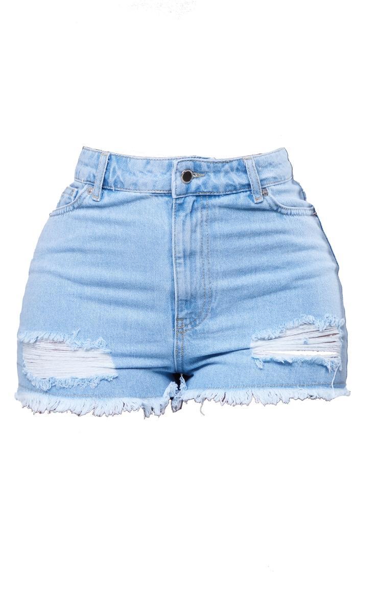 PRETTYLITTLETHING Shape Light Blue Wash Ripped Hem Denim Shorts Product Image