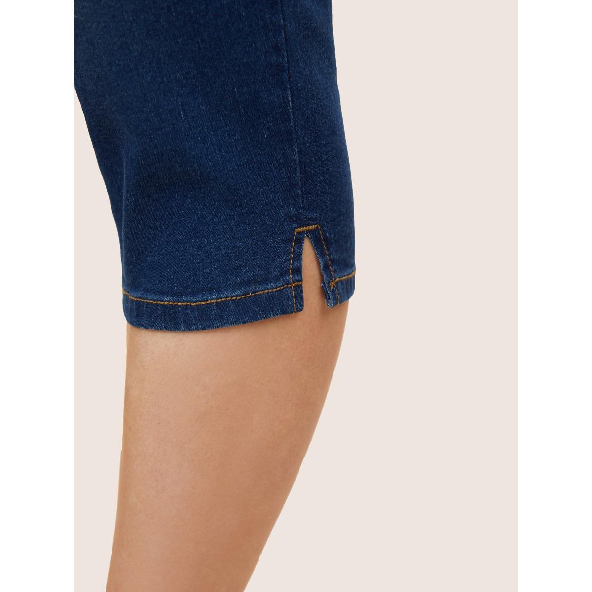 Plus Size Dark Wash Elastic Waist Split Side Jeans Women Blue Casual Slit High stretch Slanted pocket Jeans BloomChic 14/1X Product Image