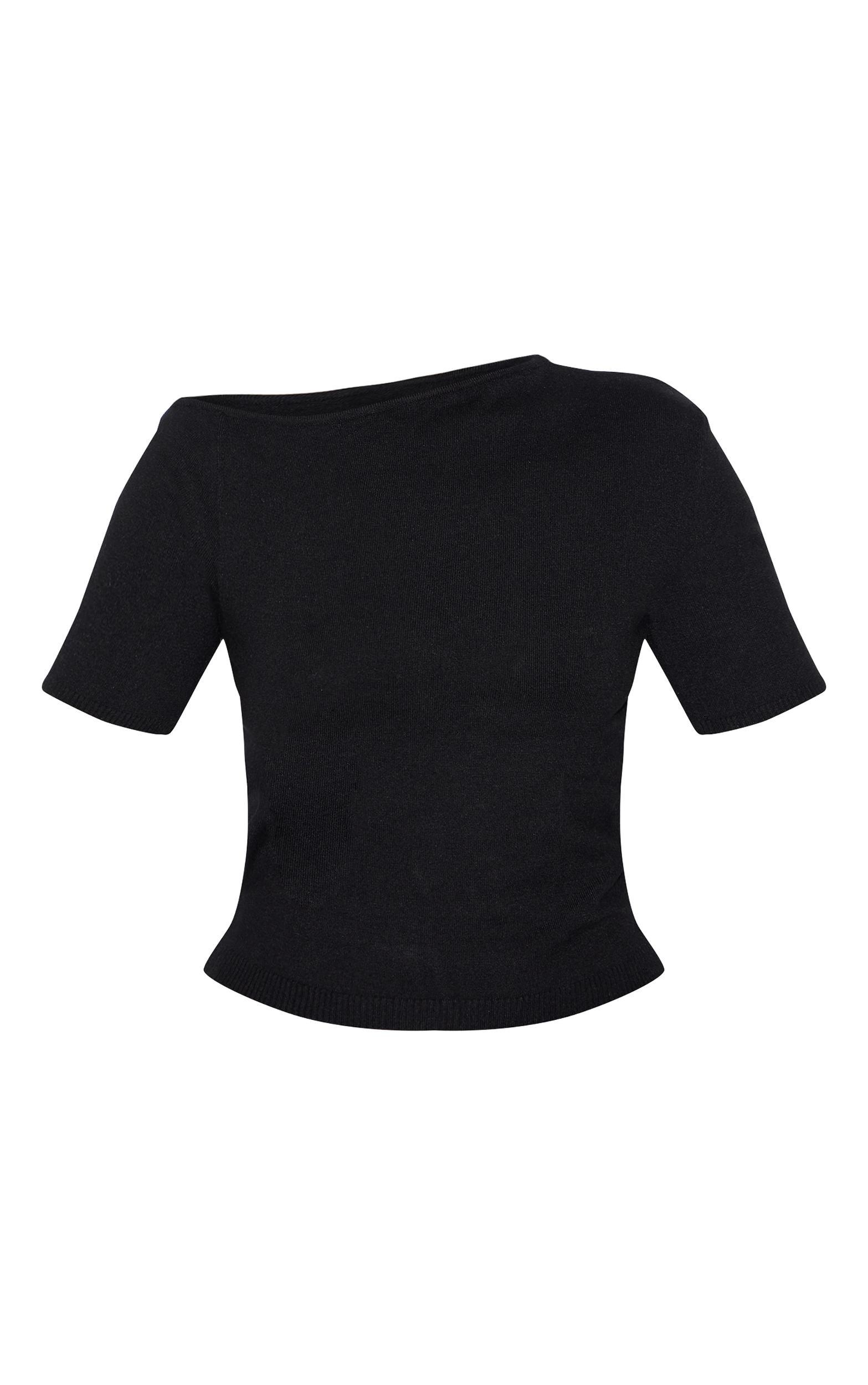 Black Basic Knit Asymmetric Neckline Top Product Image