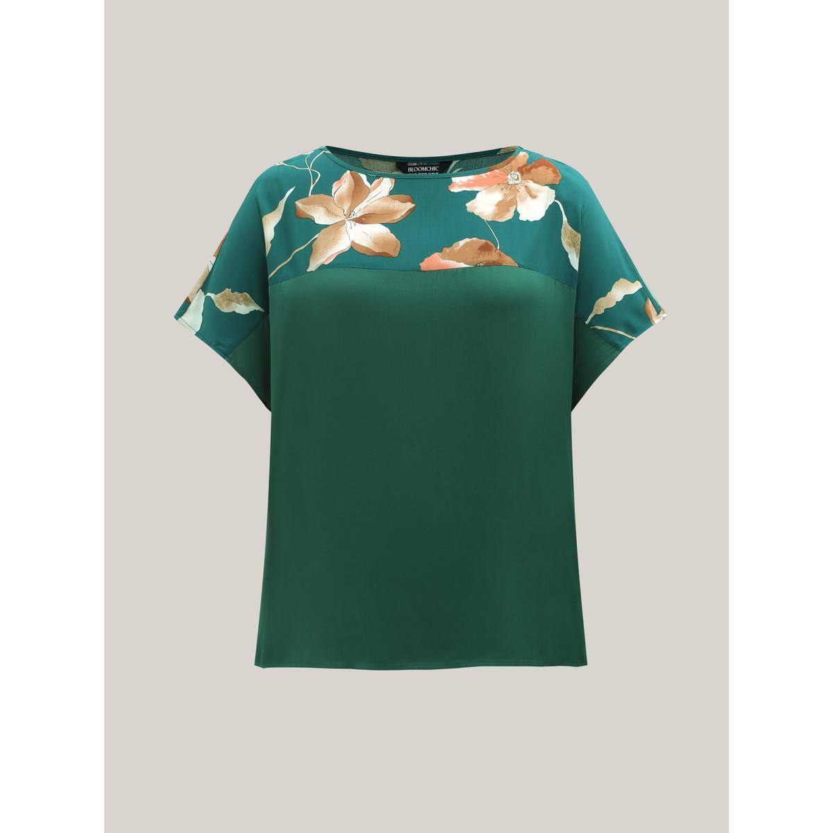 Plus Size Cyan Tropical Floral Print Spliced Blouse Women Elegant Short sleeve Boat Neck Work Blouses BloomChic 12/L Product Image
