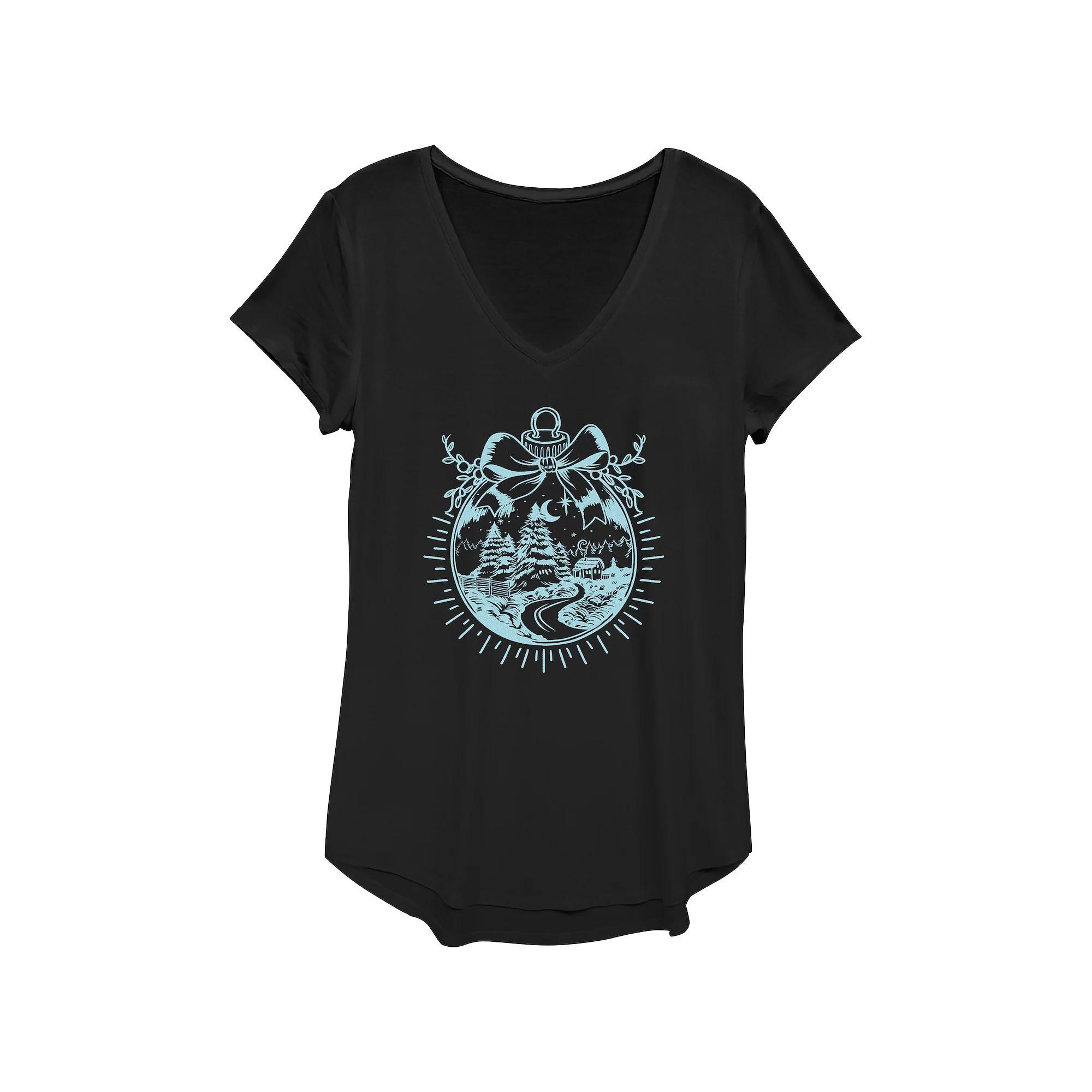 Women's Christmas Scene Ornament Graphic Tee, Size: XS, Black Product Image