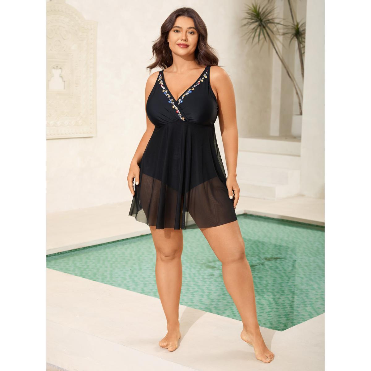 Plus Size Floral Embroidered Sheer Surplice Swim Dress Women's Swimwear Black Beach Bodycon Overlap Collar High stretch Curve Swim Dresses BloomChic 14-16/1X Product Image