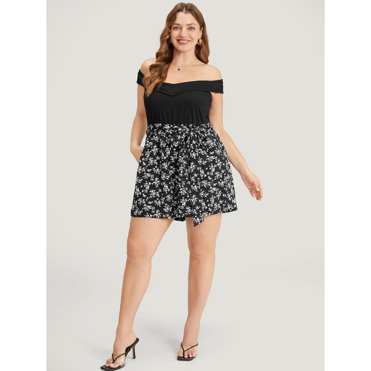 Plus Size Black Ditsy Floral Patchwork Pocket Belted Off Shoulder Romper Women Elegant Sleeveless One-shoulder neck Dailywear Loose Jumpsuits BloomChic 14-16/1X Product Image