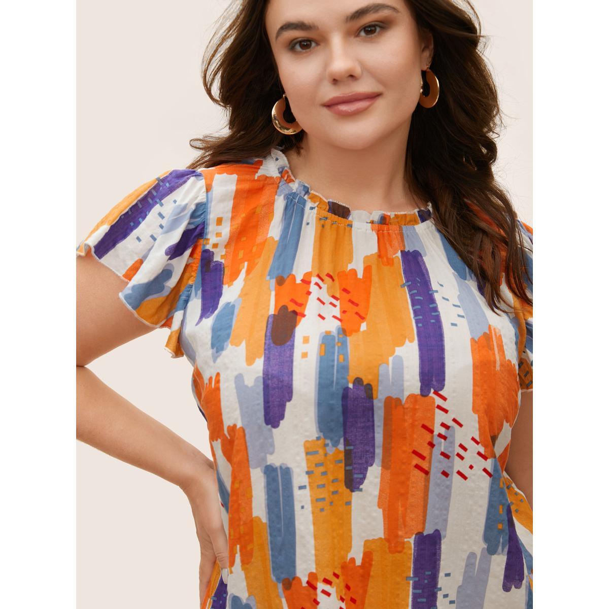 Plus Size Multicolor Brush Print Split Side Cap Sleeve Blouse Women Elegant Cap Sleeve Stand-up collar Everyday Blouses BloomChic 28/5X Product Image