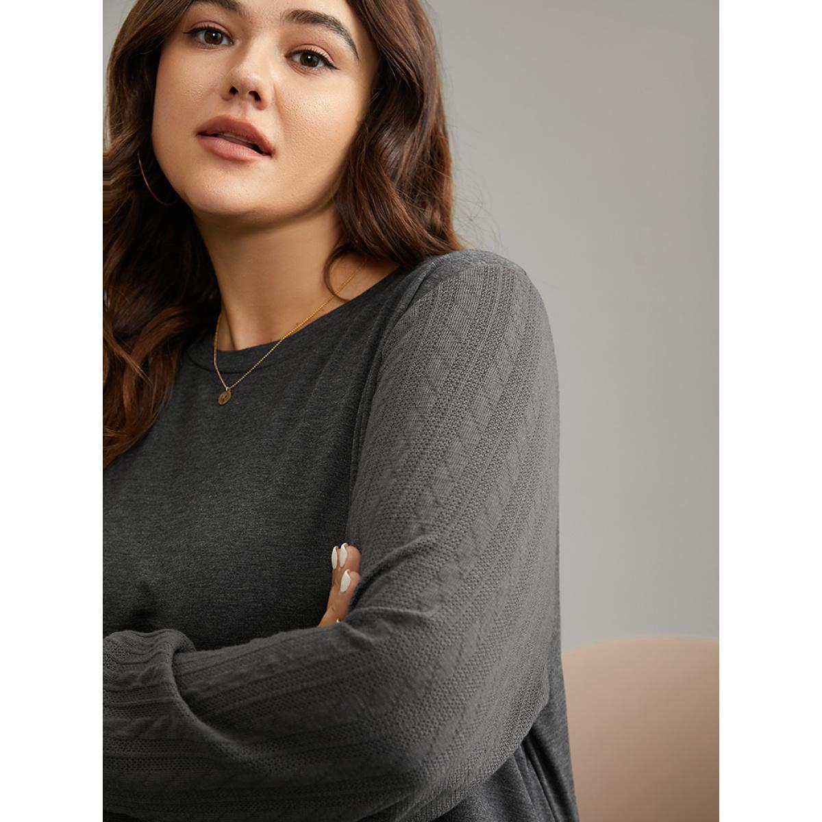 Plus Size Solid Cable Knit Crew Neck Sweatshirt Women Gray Elegant Texture Round Neck Dailywear Sweatshirts BloomChic 26/4X Product Image