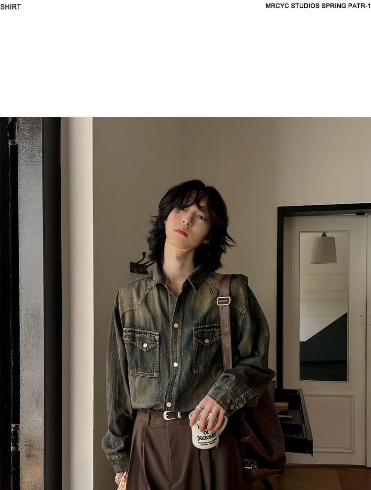 Washed Button-Up Denim Shirt Jacket Product Image