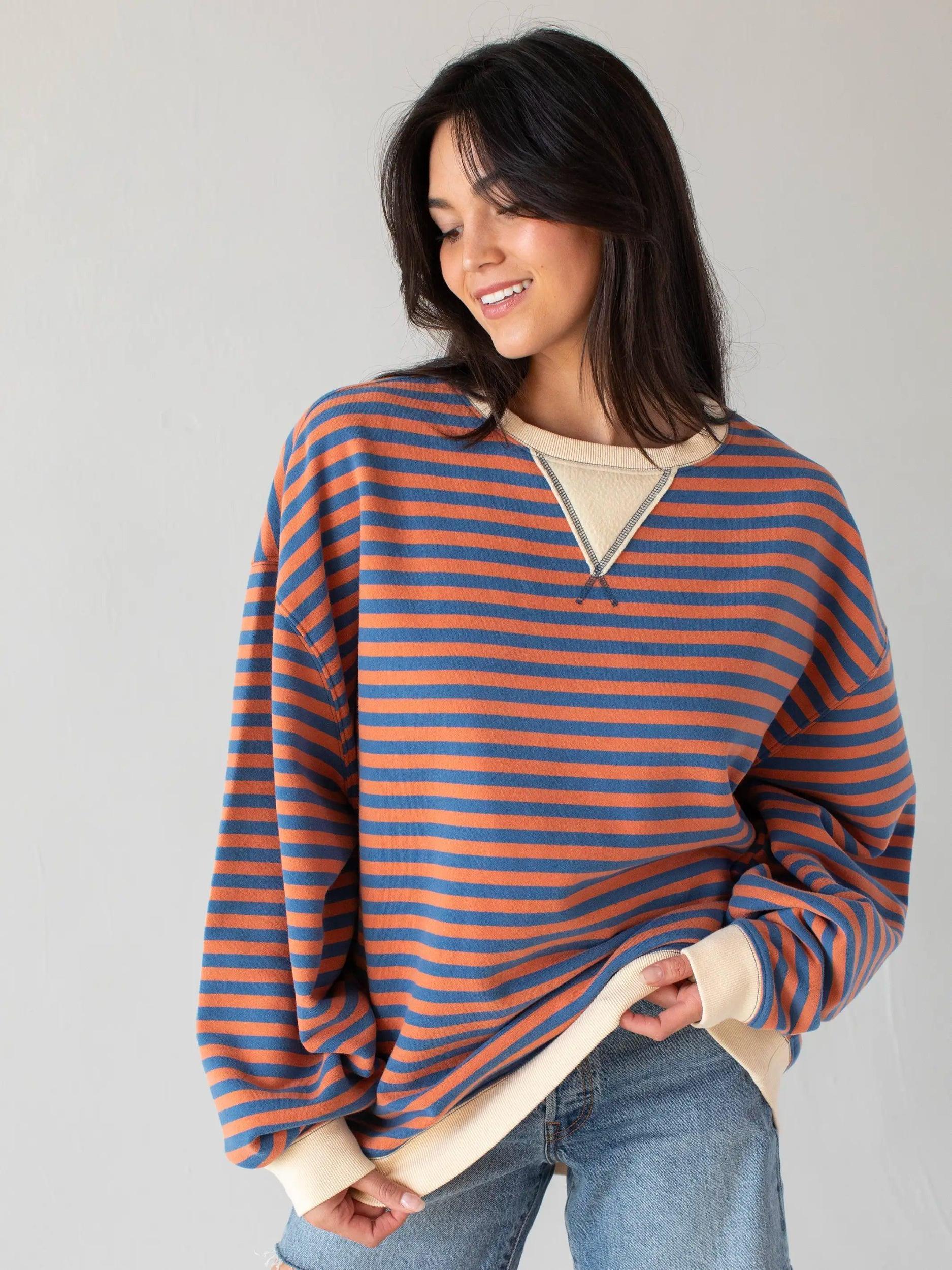 Oversized Striped Crewneck - Rust Indigo Stripes Product Image