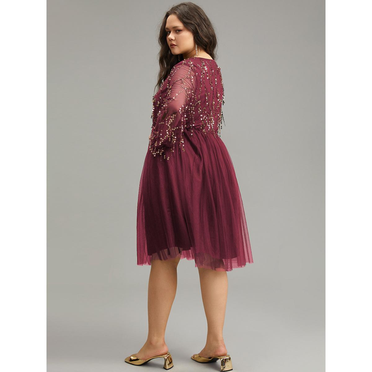 Plus Size Sequin Mesh Patchwork Tassel Dress Scarlet Women Cocktail Gathered Overlap Collar Long Sleeve Curvy Knee Dress BloomChic 18-20/2X Product Image