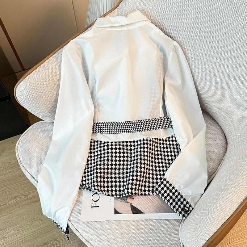 Long-Sleeve Collared Houndstooth Belted Panel Shirt Product Image