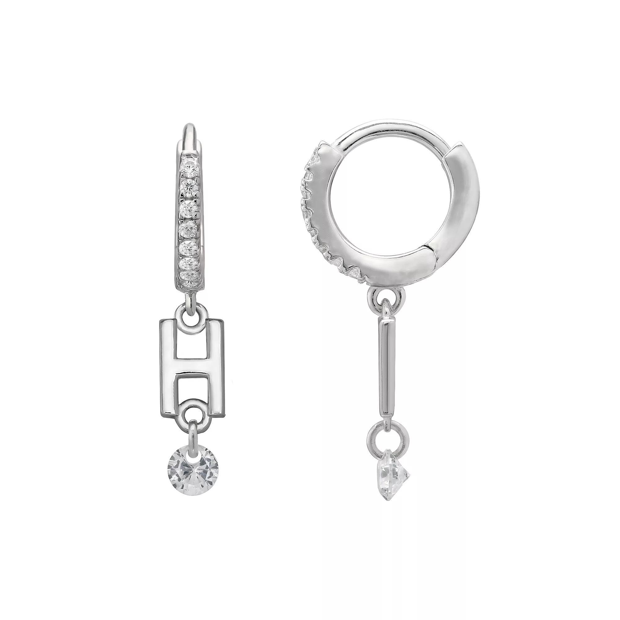 PRIMROSE Sterling Silver Initial Huggie Hoop Drop Earrings, Women's, Sterling Silver U Product Image