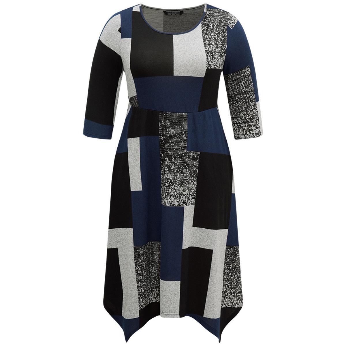 Plus Size Colorblock Contrast Round Neck Elastic Waist Dress Multicolor Women Casual Printed Round Neck Elbow-length sleeve Curvy Midi Dress BloomChic 26/4X Product Image