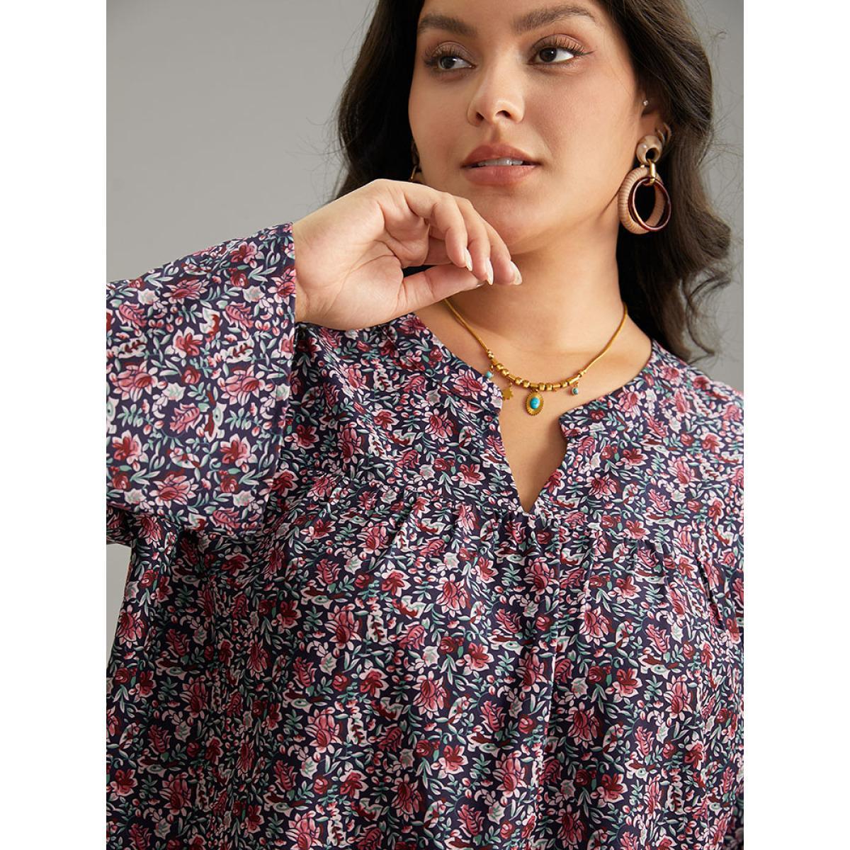 Plus Size Indigo Ditsy Floral Notched Bell Sleeve Blouse Women Vacation Long Sleeve Notched collar Dailywear Blouses BloomChic 12/L Product Image