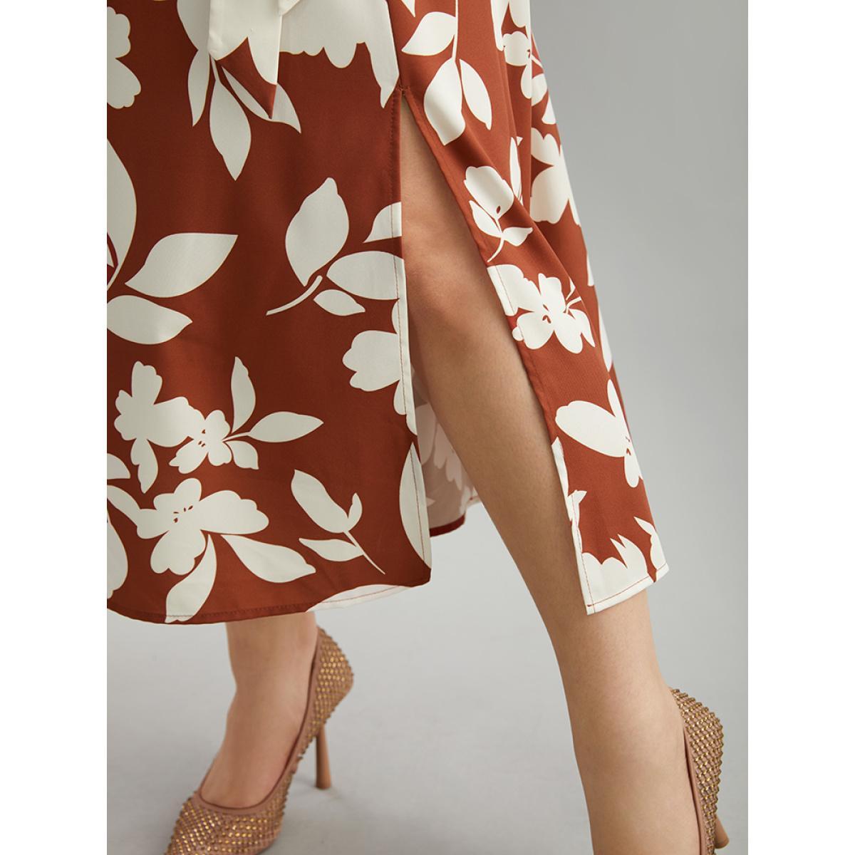 Plus Size Silhouette Floral Print Cowl Neck Belted Split Hem Dress Chocolate Women Office Gathered Cowl Neck Long Sleeve Curvy Midi Dress BloomChic 14-16/1X Product Image