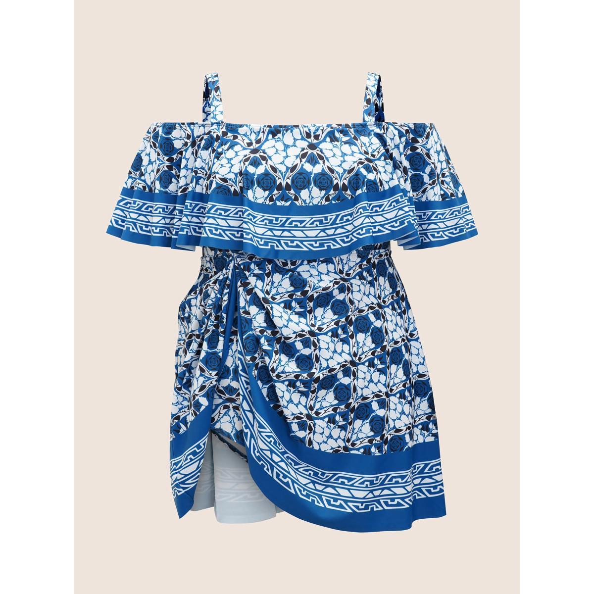 Plus Size Off Shoulder Boho Print Ruffle Trim Swim Dress Women's Swimwear Indigo Beach Bodycon One-shoulder neck High stretch Curve Swim Dresses BloomChic 14-16/1X Product Image