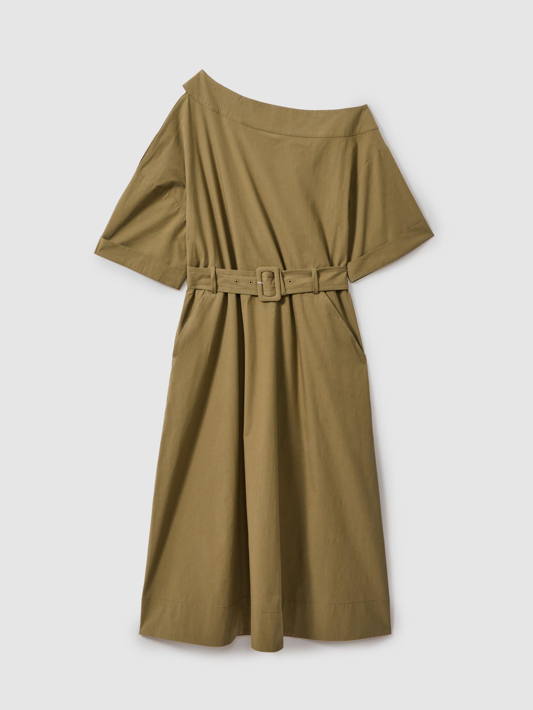 Off The Shoulder Belted Midi Dress in Khaki Product Image