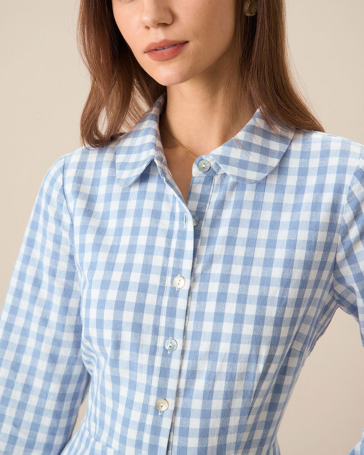 Women's Blue Plaid Long Sleeve Mini Dress Female Product Image