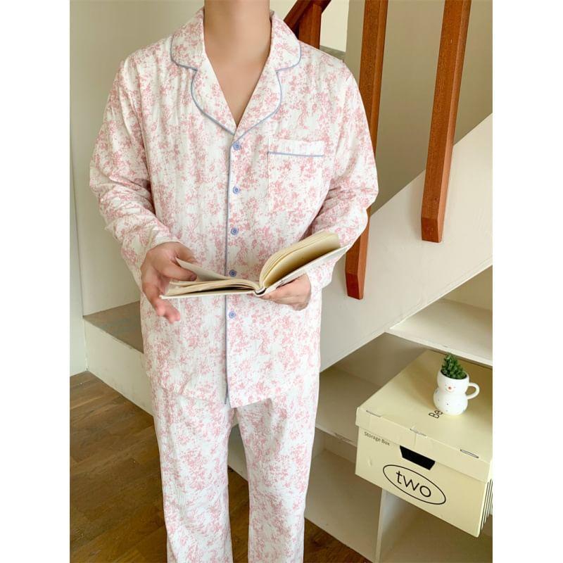 Couple Matching Pajama Set: Long-Sleeve Floral Print Top + Pants (Various Designs) Product Image