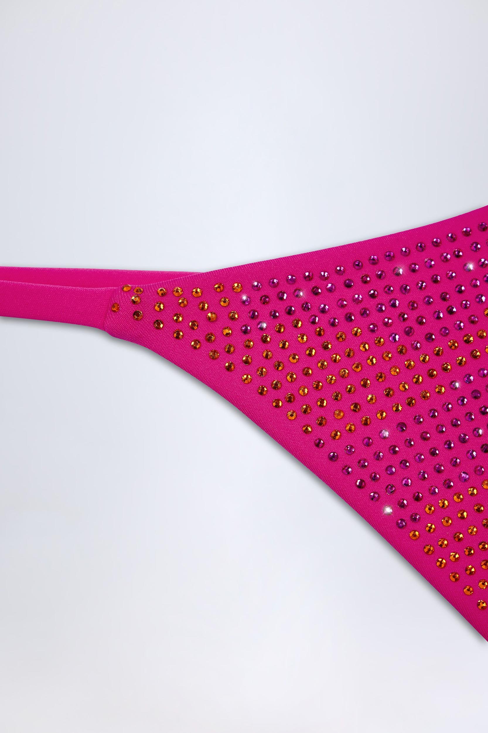 Embellished Thong Bikini Bottoms in Pink Tropical Hotfix Product Image