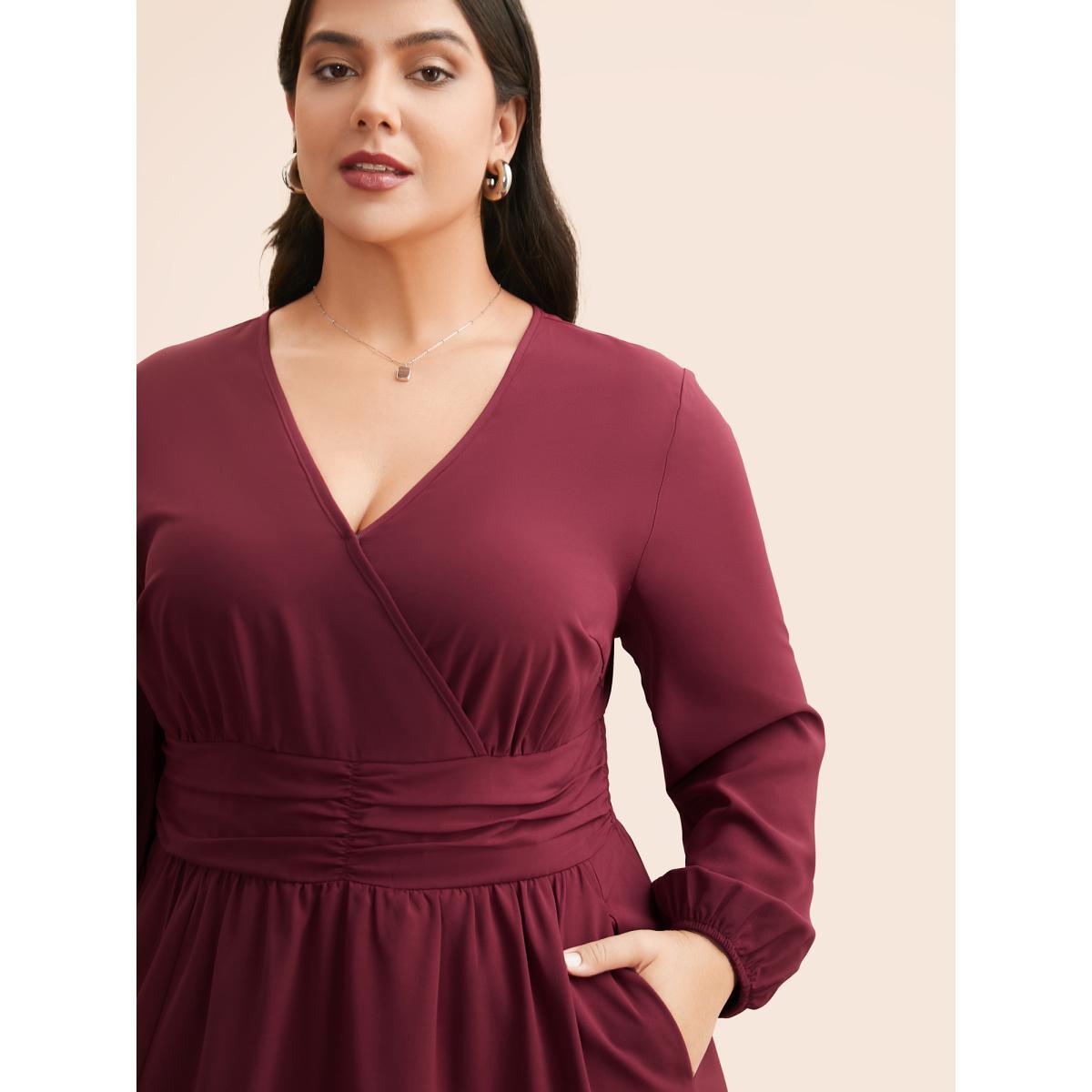 Plus Size Overlap Collar Ruched Lantern Sleeve Maxi Dress Burgundy Women Elegant Gathered Overlap Collar Long Sleeve Curvy BloomChic 30/6X Product Image