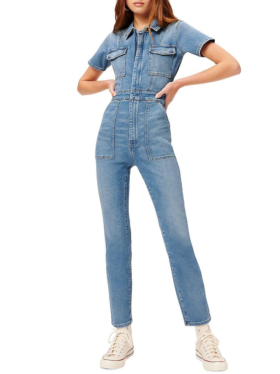 Good American Plus Size Fit For Success Short Sleeve Point Collar Straight Leg Stretch Denim Jumpsuit Product Image