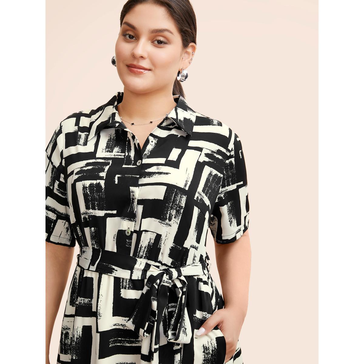 Plus Size Shirt Collar Colorblock Contrast Midi Dress Black Women At the Office Belted Shirt collar Short sleeve Curvy BloomChic 14-16/1X Product Image
