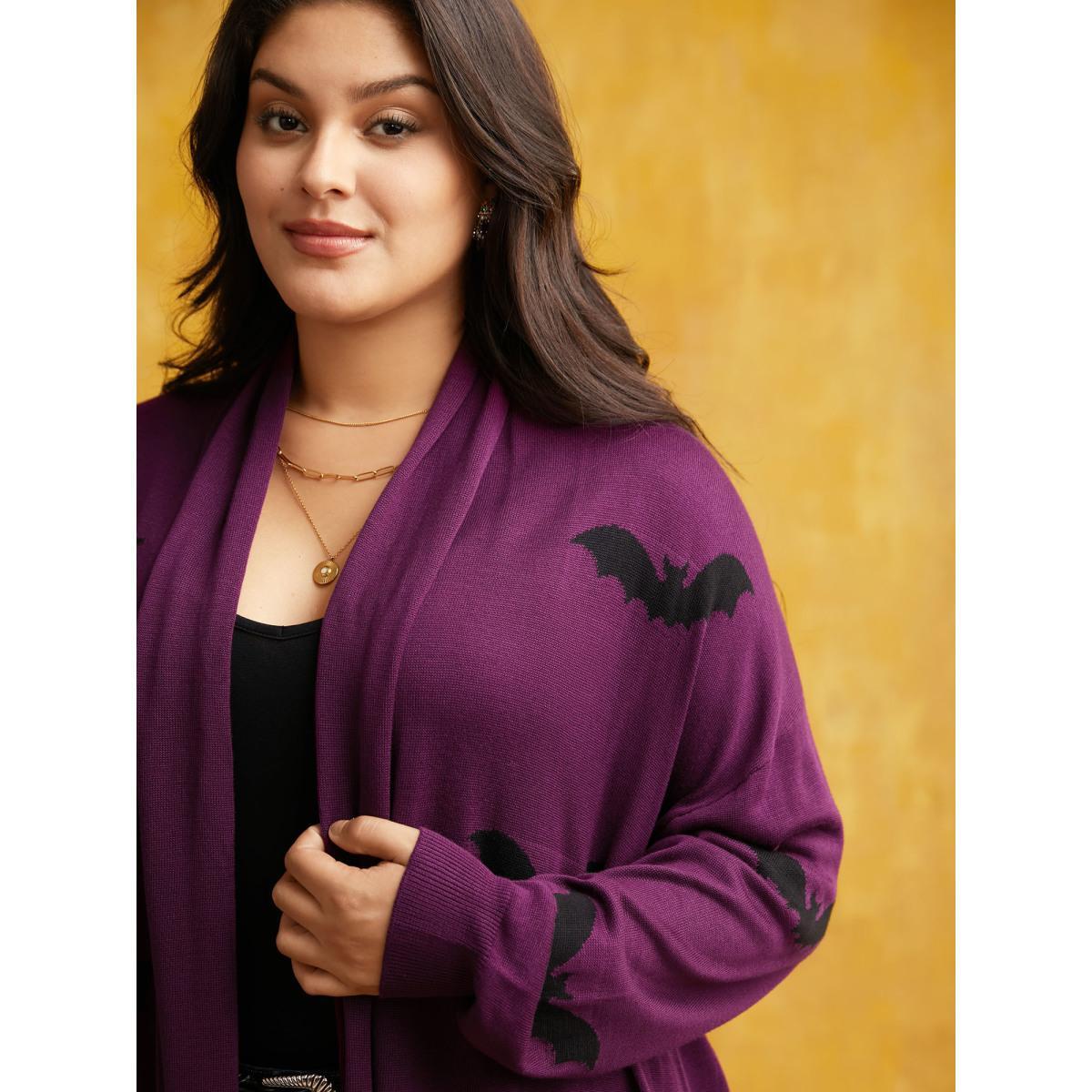 Plus Size Supersoft Essentials Halloween Bat Pattern Lapel Collar Cardigan Rust Women Casual Loose Long Sleeve Festival-Halloween Cardigans BloomChic 14-16/1X Product Image