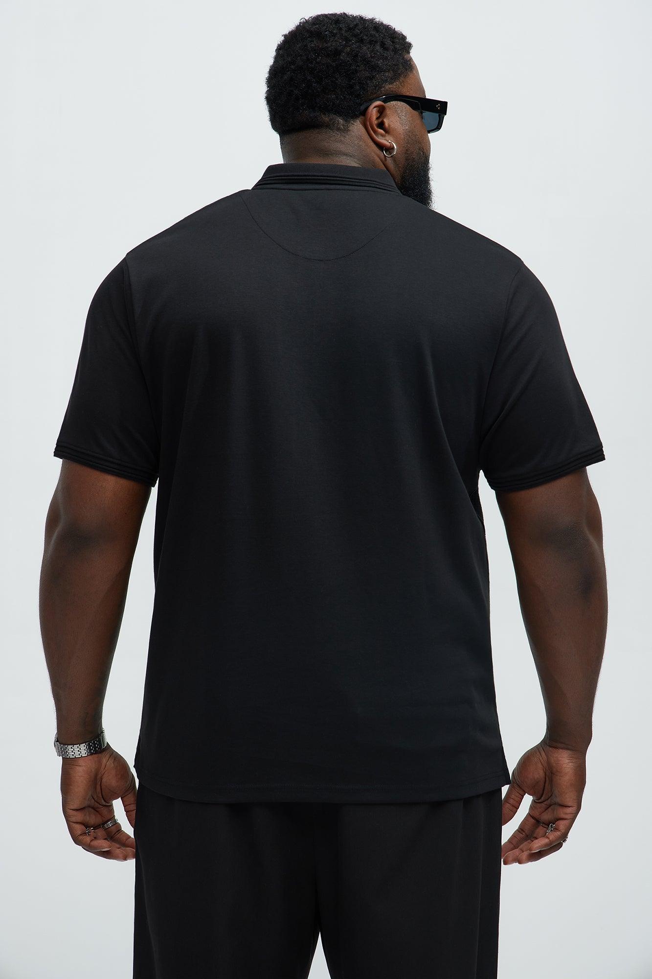 Textured Zip Collar Short Sleeve Polo - Black Product Image