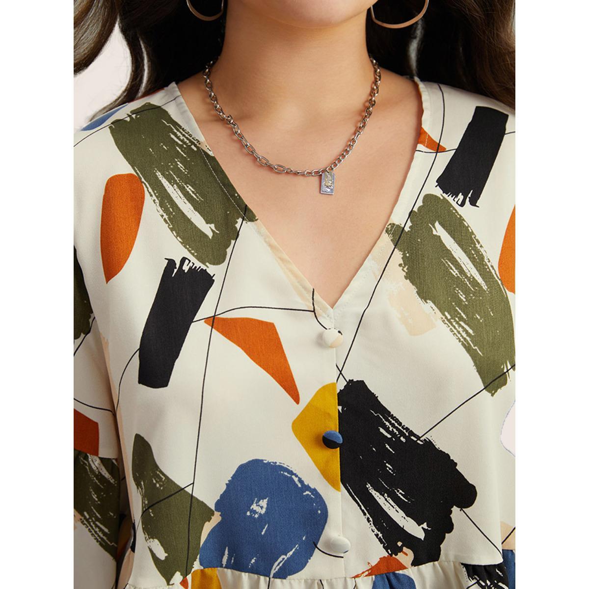 Plus Size Ivory Brush Print Button Detail Elastic Cuffs Blouse Women Casual Long Sleeve V-neck Everyday Blouses BloomChic 18-20/2X Product Image