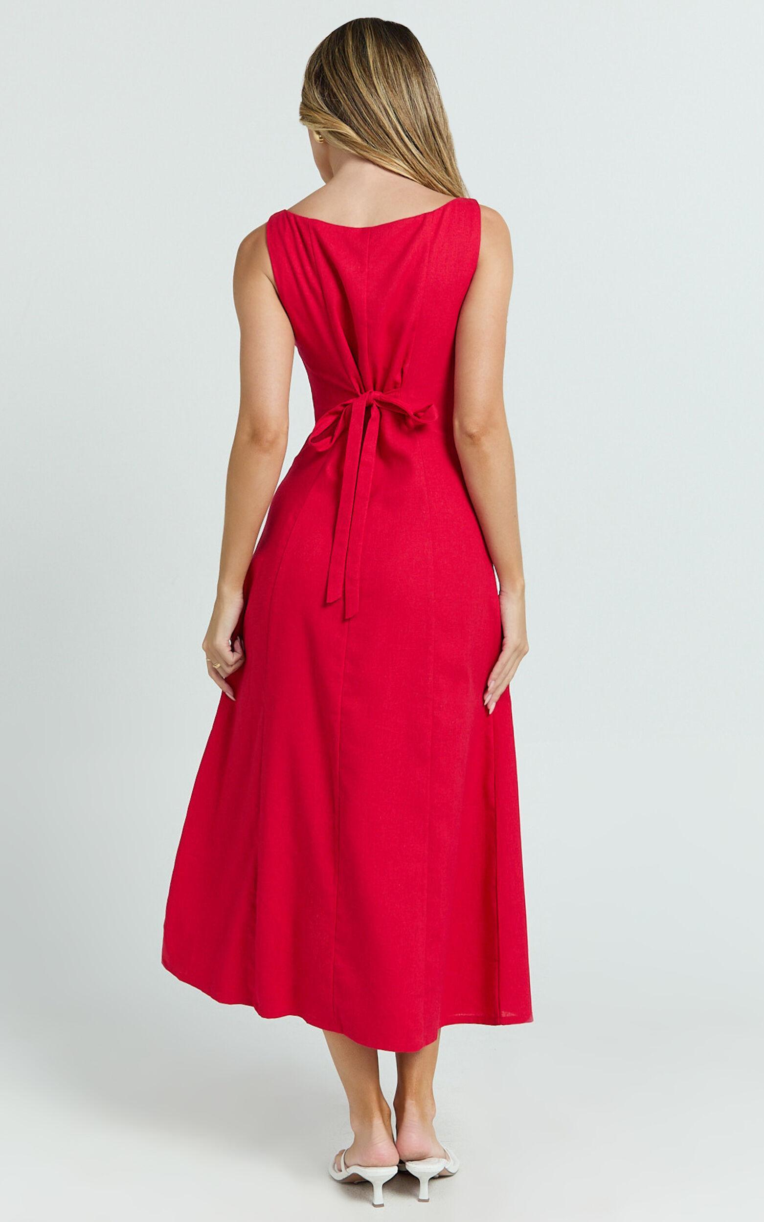 Cameron Midi Dress - Button Front Tie Back Dress in Red Product Image