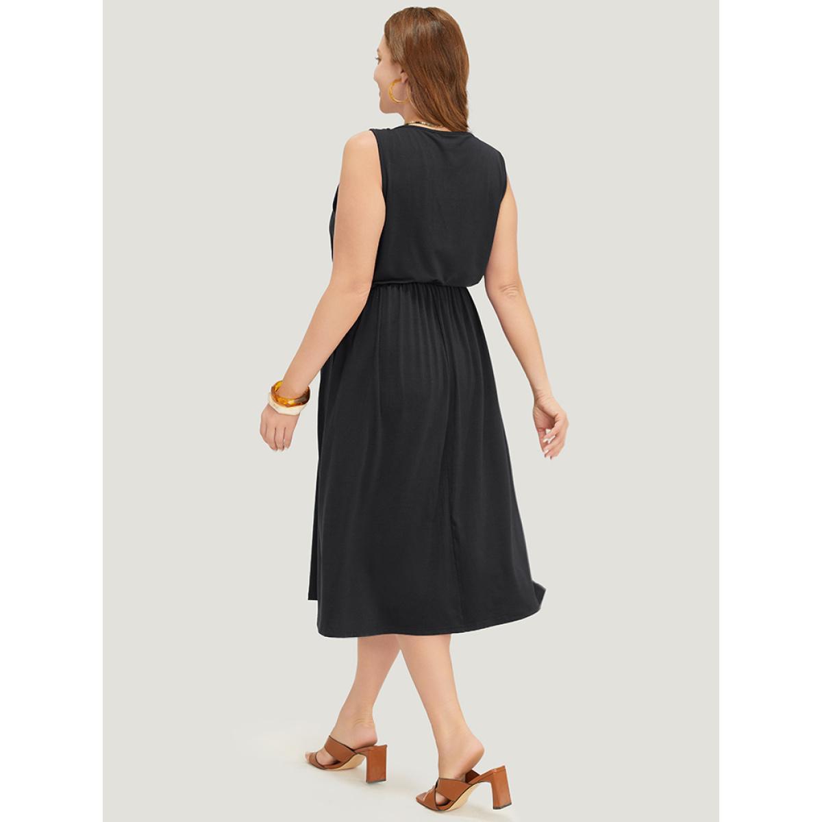 Plus Size Geometric Embroidered Buckle Detail Pocket Ruffle Hem Cami Dress Black Women Vacation Embroidered V-neck Sleeveless Curvy Midi Dress BloomChic 10/M Product Image