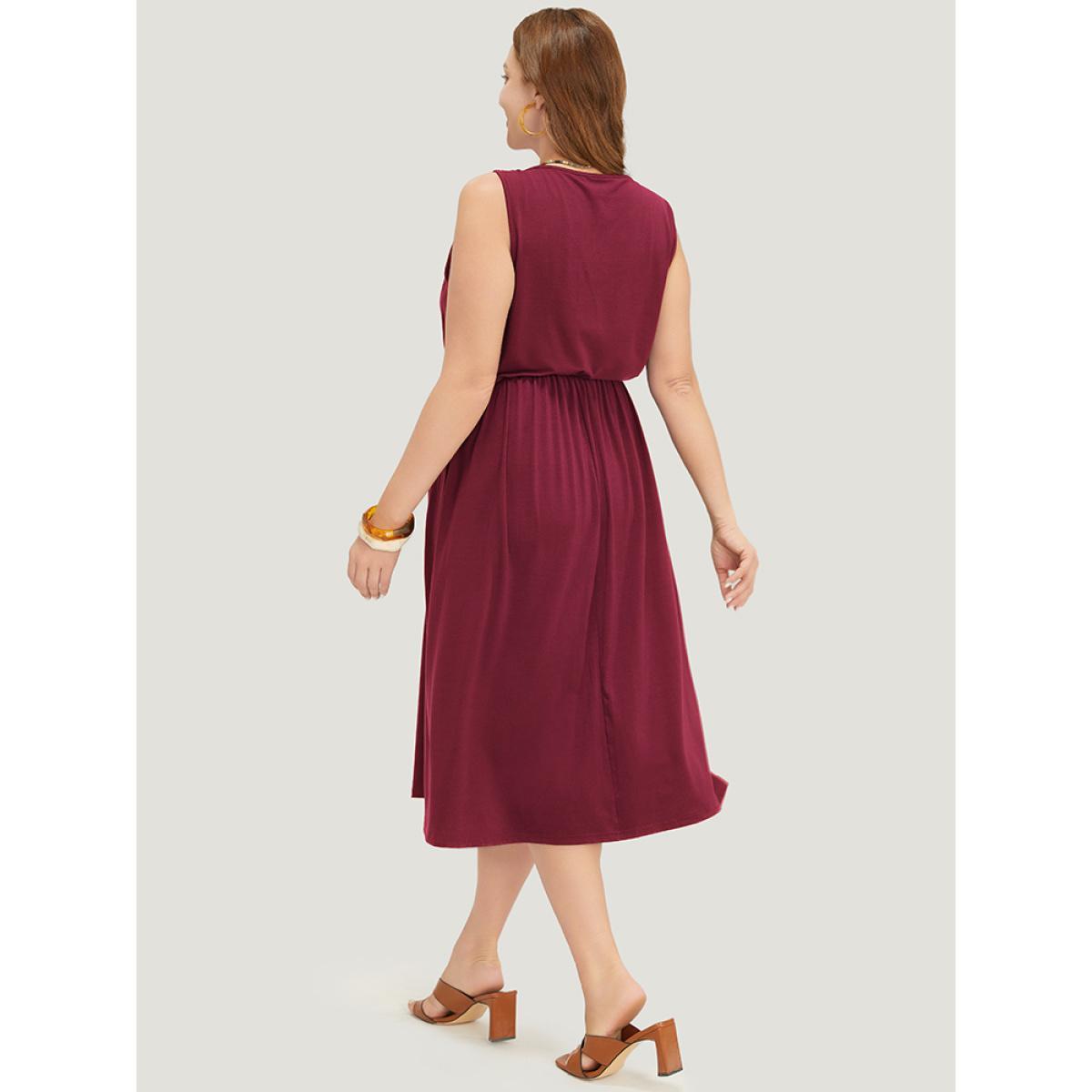 Plus Size Geometric Embroidered Buckle Detail Pocket Ruffle Hem Cami Dress Scarlet Women Vacation Embroidered V-neck Sleeveless Curvy Midi Dress BloomChic 26/4X Product Image