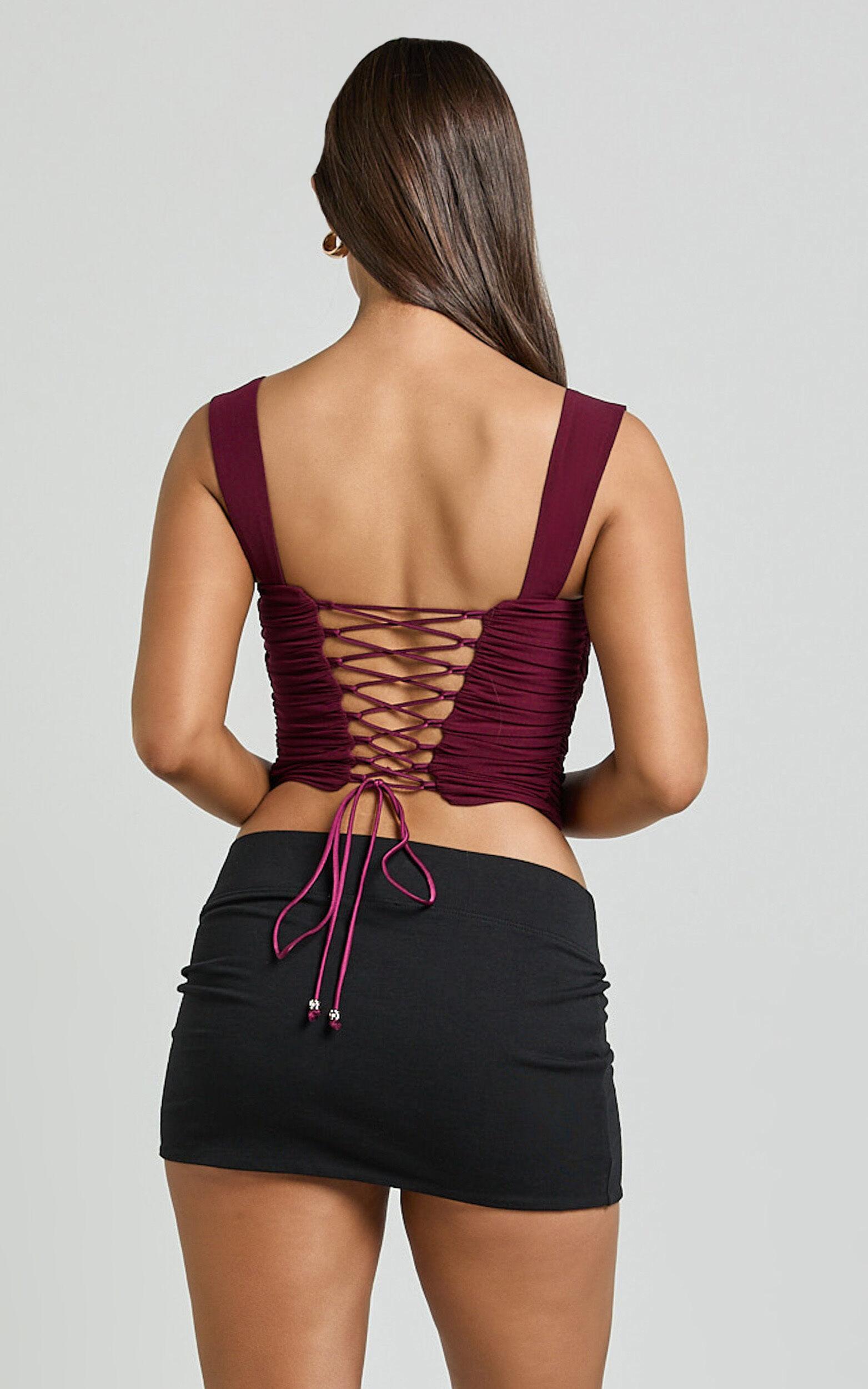 Charlize Top - Mesh Lace Up Back Corset Top in Dark Plum Product Image